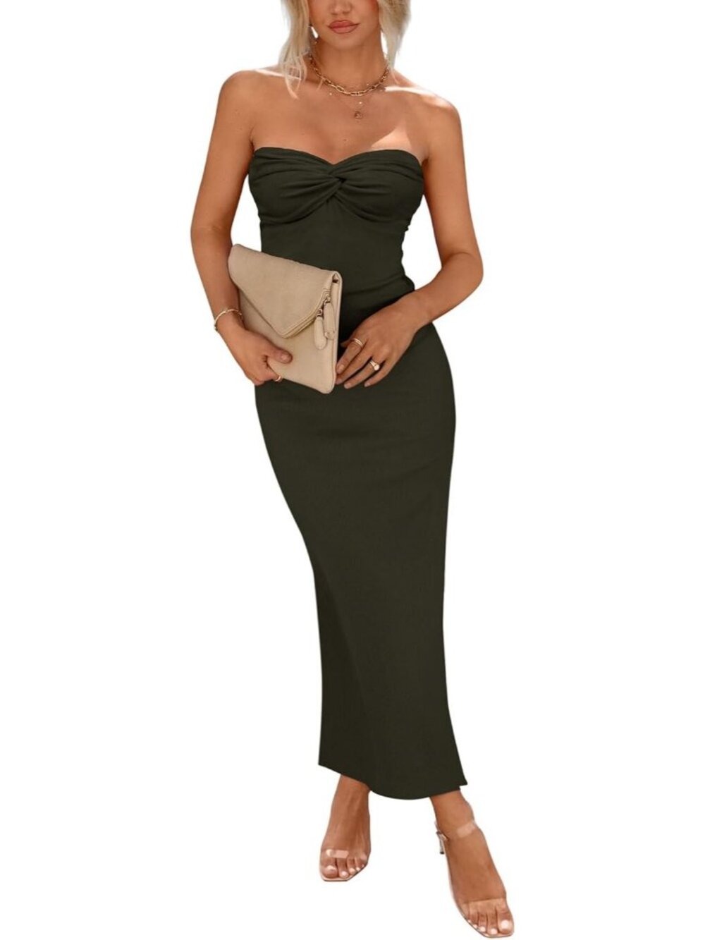Women Army Green Strapless Tube Twist Front Ribbed Bodycon Cocktail Maxi Dress